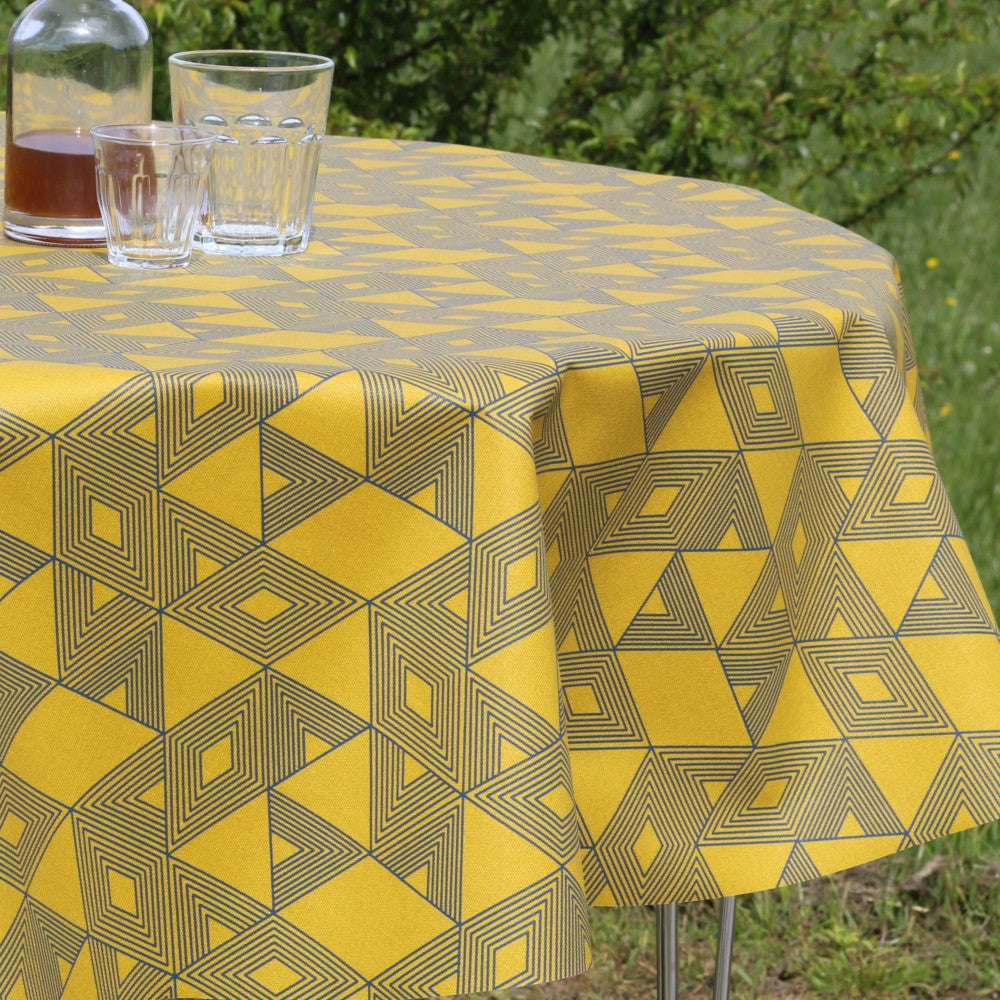 Cuzco Karry-gul/blå, akrylduk med flott grafisk mønster – 140 cm bred