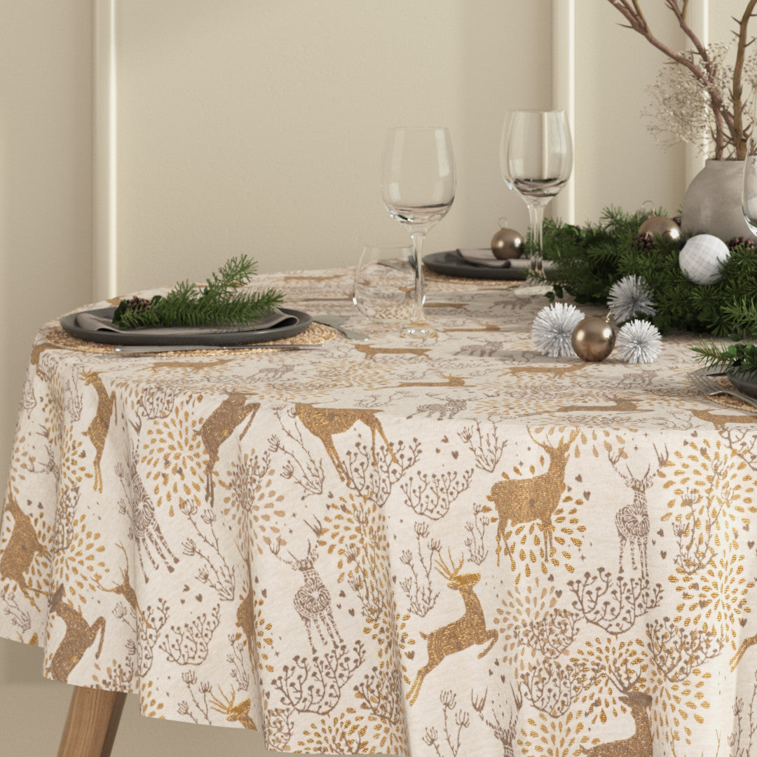 Rund Juleduk Golden Reindeers med dekorative reinsdyr i gull