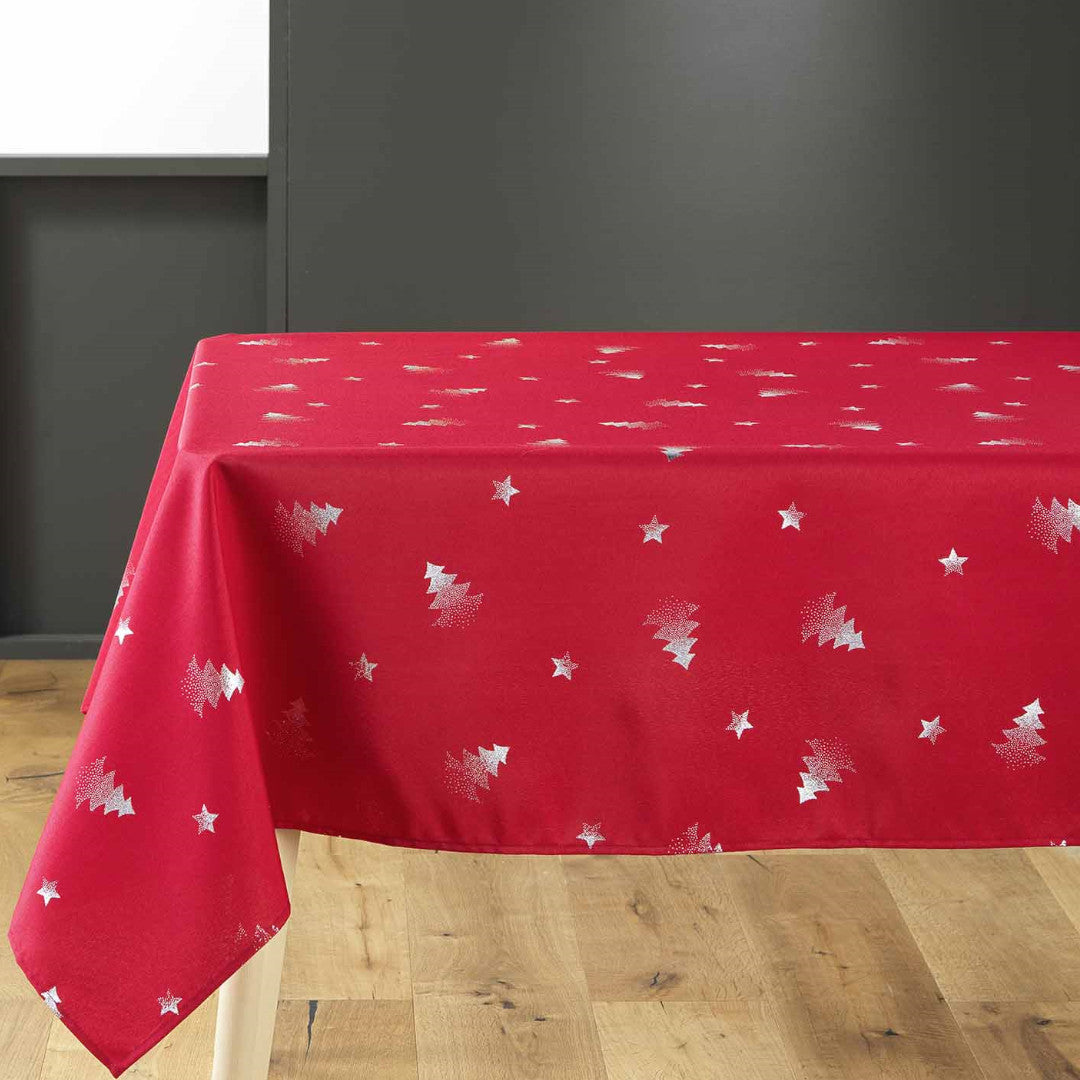 Sapin 150 x 300 cm, rød juleduk med sølvtrykk på bord