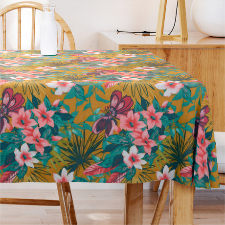 Ahuna - Akrylduk med vakre blomster på brun bakgrunn - 155 cm bred