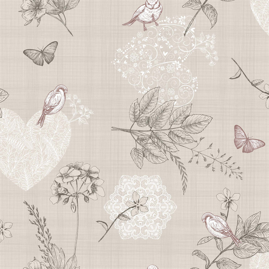 Småfugler i hagen - Lys beige voksduk med fugler, sommerfugler, blomster og blader