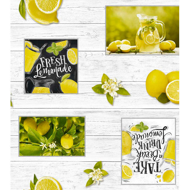 Sommer og Sitroner – Voksduk med sitroner på grå plankebunn