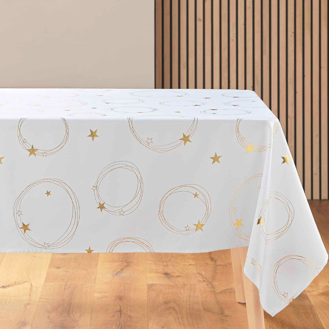 Star 150 x 240 cm, hvit juleduk med gullprint på bord