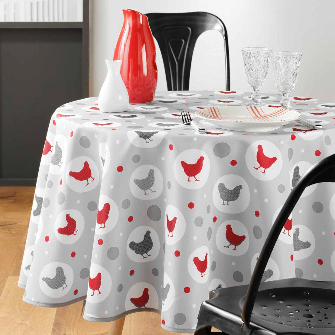 Suzette Natural - Rund voksduk med høner, Ø 155 cm