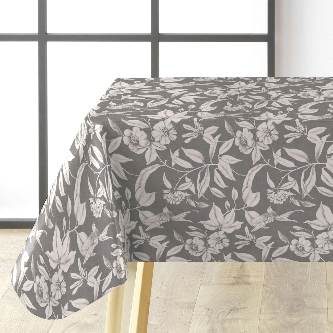 Textilia Miosotis Grey voksduk med hvite blomster og grå bunn