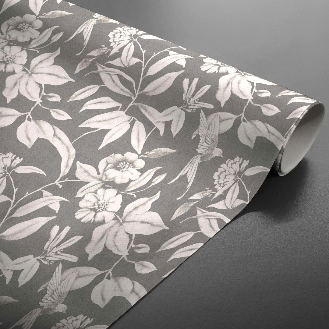 Rullet Textilia Miosotis Grey voksduk med blader og grå hørlook