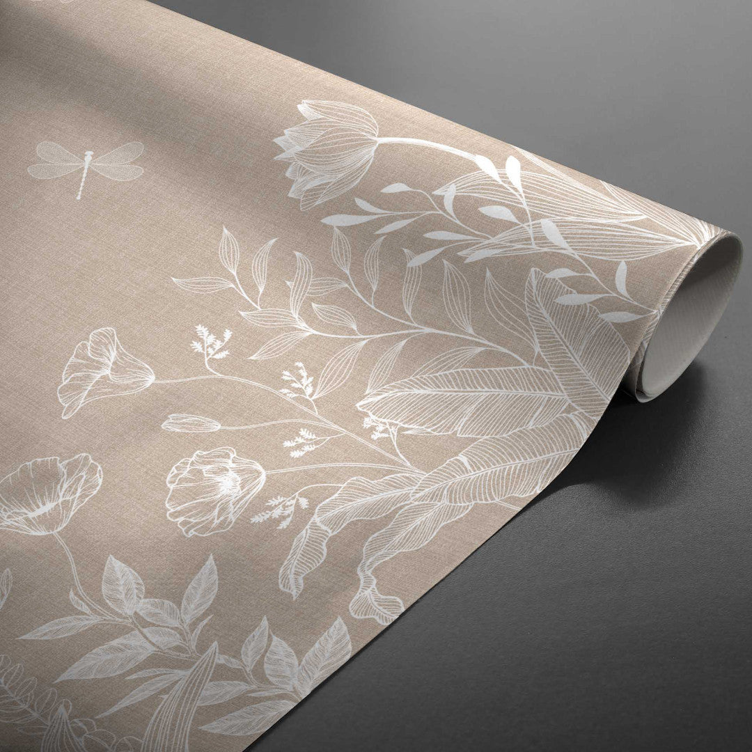 Textilia Fleurs White – Voksduk i hessianlook med hvite blomster og sommerfugler