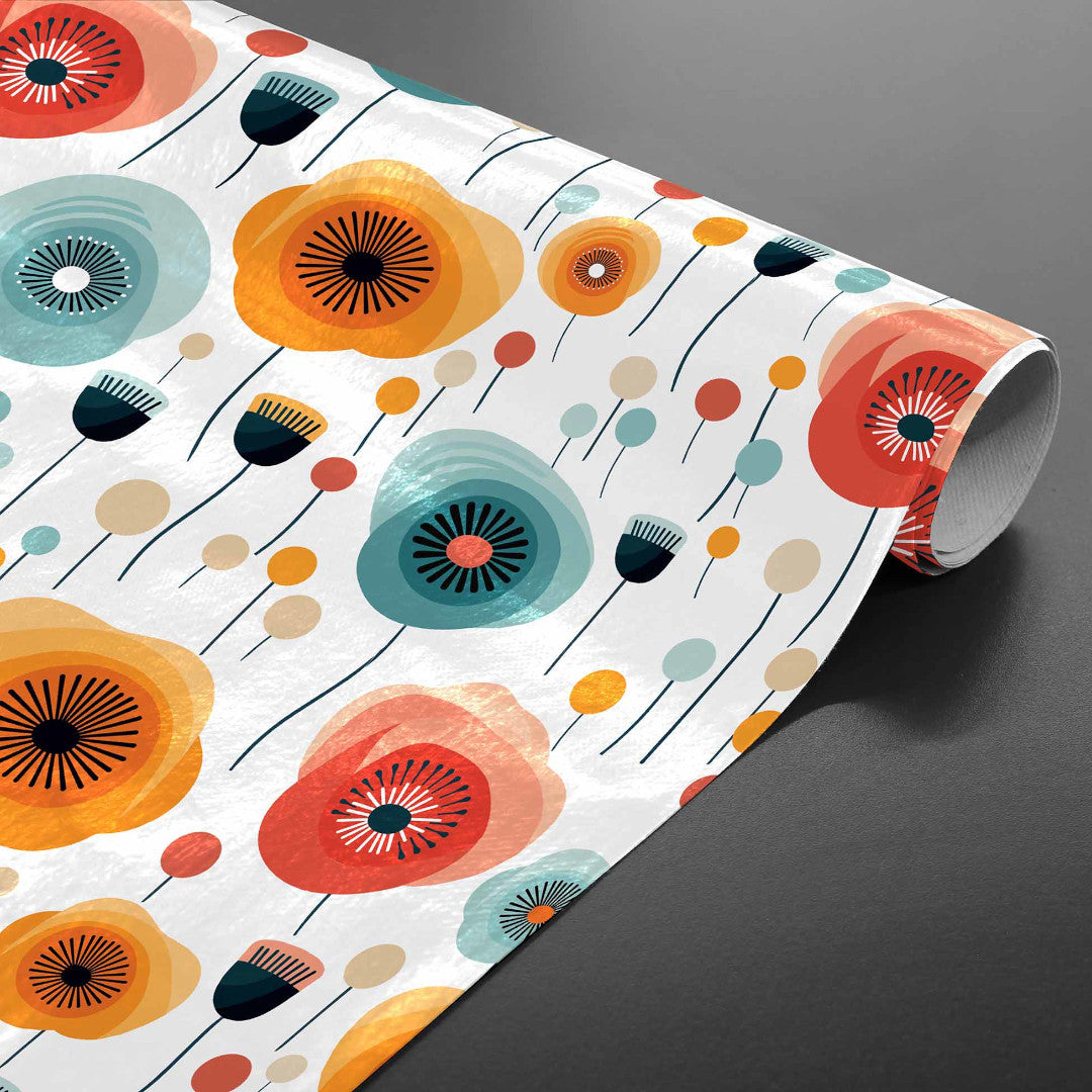 Triano – Retro voksduk et fargerikt og lekent blomstermønster, rullet