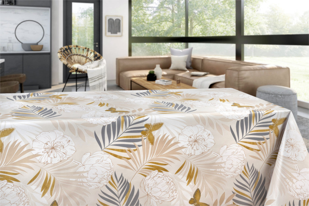 Tropisk Hage – lys kremfarget voksduk med tropiske planter og sommerfugler