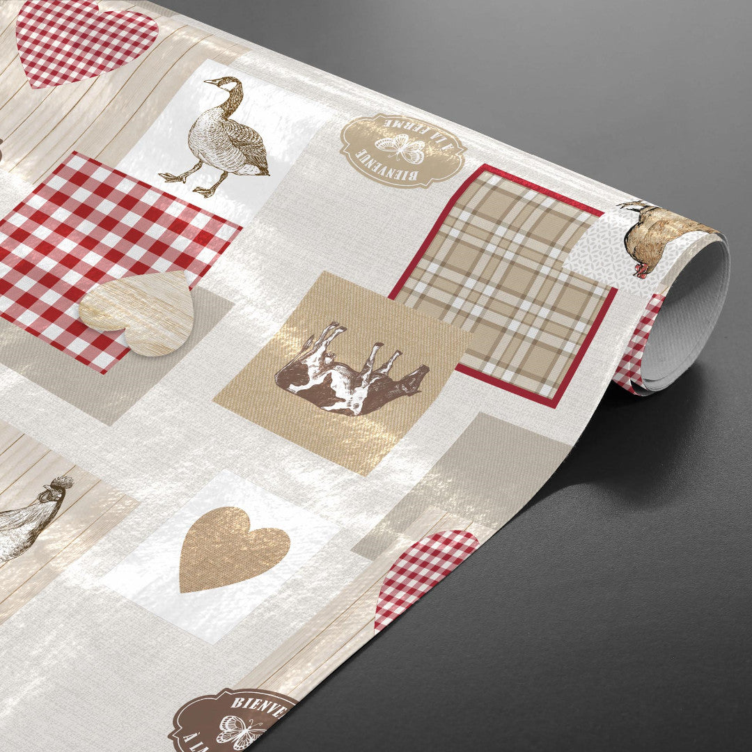 Velkommen til Gården – Voksduk med rustikk og landlig stemning, rullet