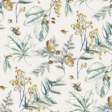 Voksduk med frostgrønne blader, grankongler og gyldne bær, nærbilde