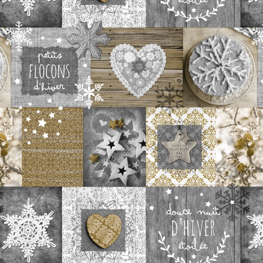 Vinterland – julevoksduk i vakre grå, beige og lyse sandfarger