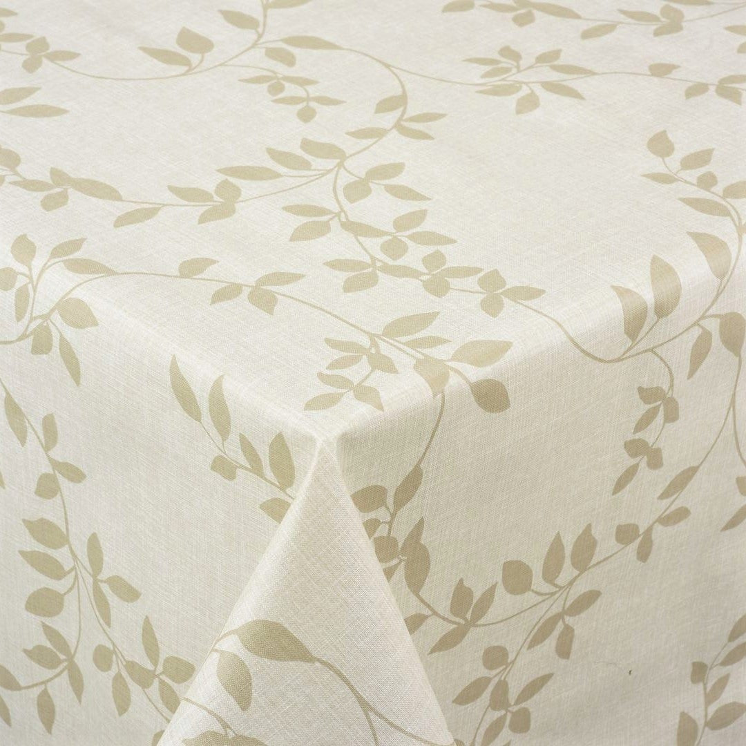 Voksduk med linlook og klassisk bladmønster, beige