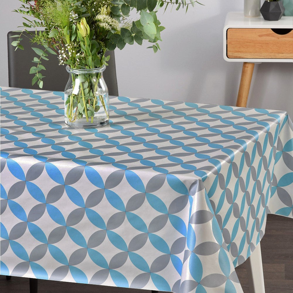 Luna Blue – Hvit voksduk med retro sirkelmønster