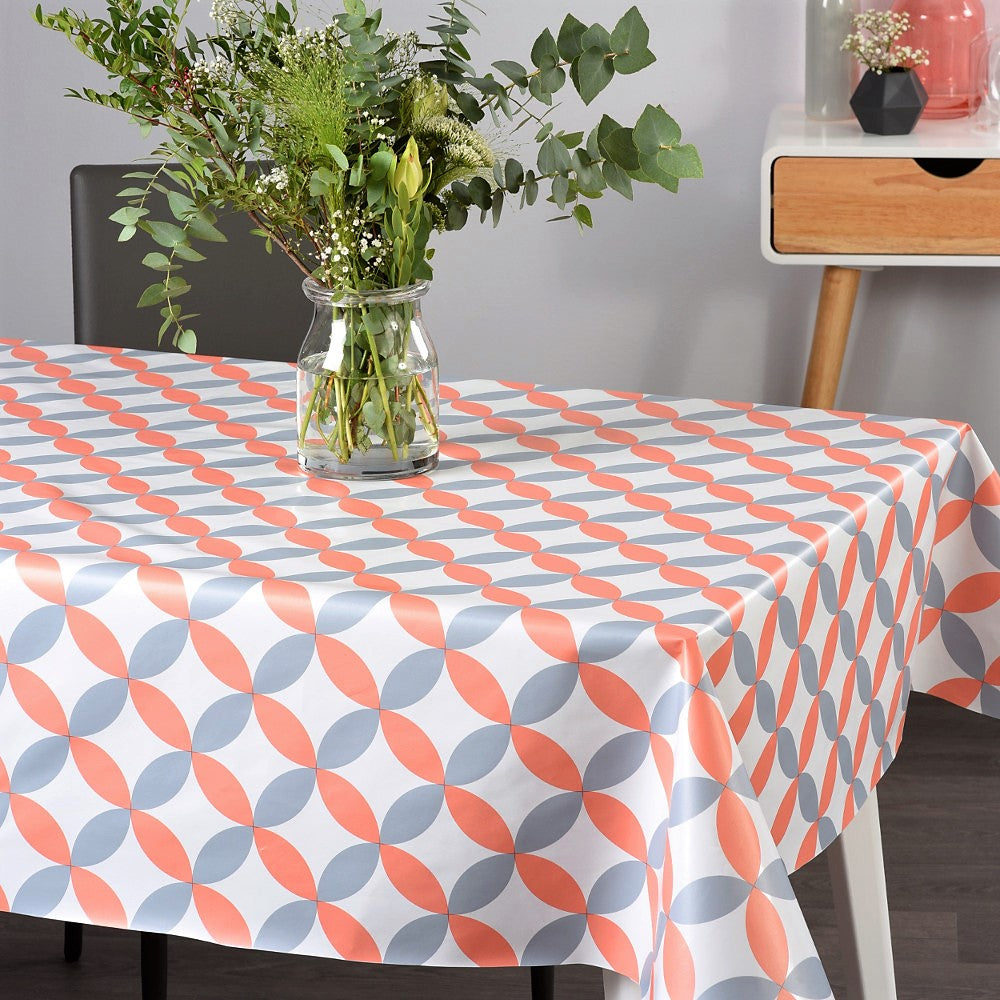 Luna Melon – Hvit voksduk med retro sirkelmønster