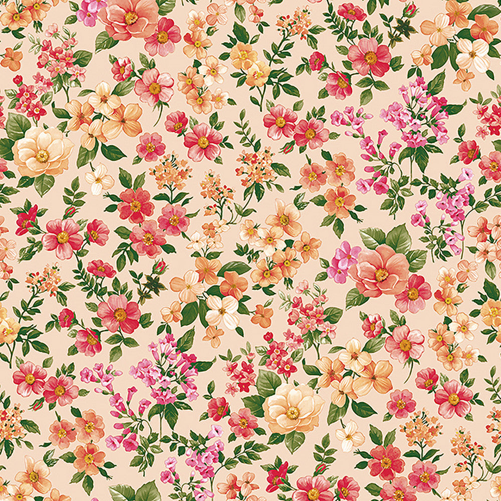 Symfoni av blomster – voksduk med blomster i sarte oransje og rosa farger