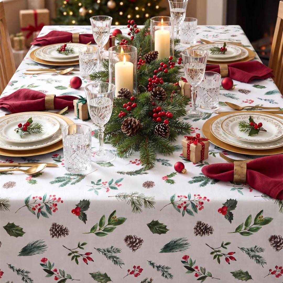 Winter Botanicals Hvit – Juleduk med flekkavvisende behandling 150 x 300 cm