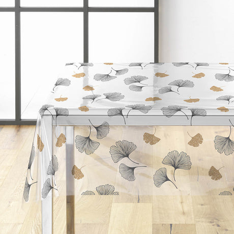 Ylisse – Gjennomsiktig voksduk med ginkgoblader i svart og gull, hjørne