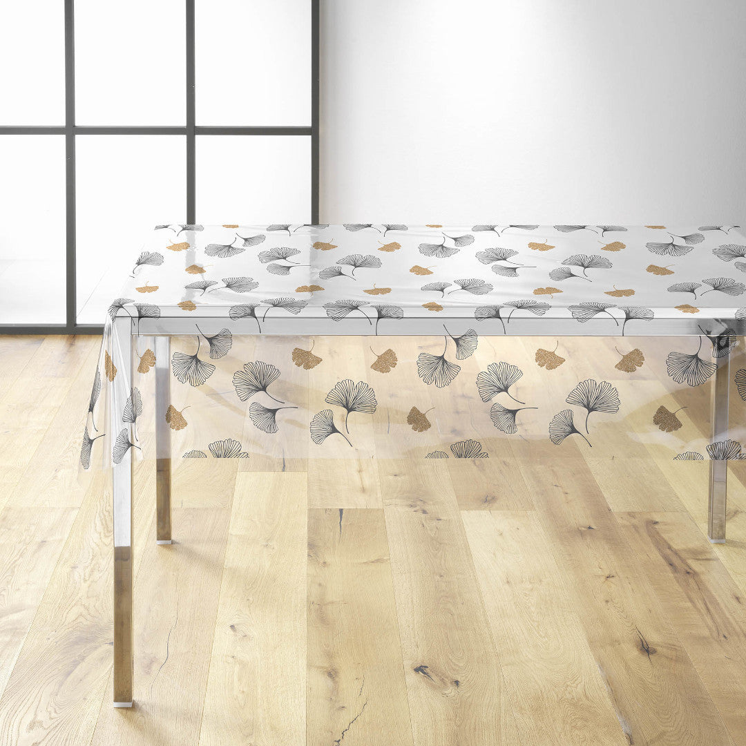 Ylisse – Gjennomsiktig voksduk med ginkgoblader i svart og gull, miljø