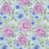Voksduk med vakre blomster i rosa og blåfiolette farger