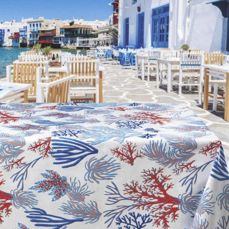 Amøbeeventyr – fargerik voksduk i blå og rødlige nyanser