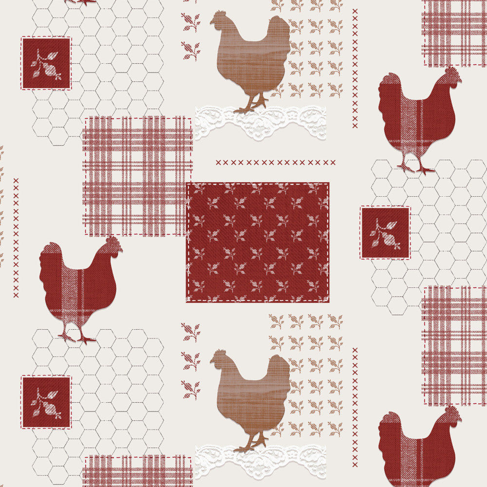 Patchwork høns - Voksduk med røde kaklende høns