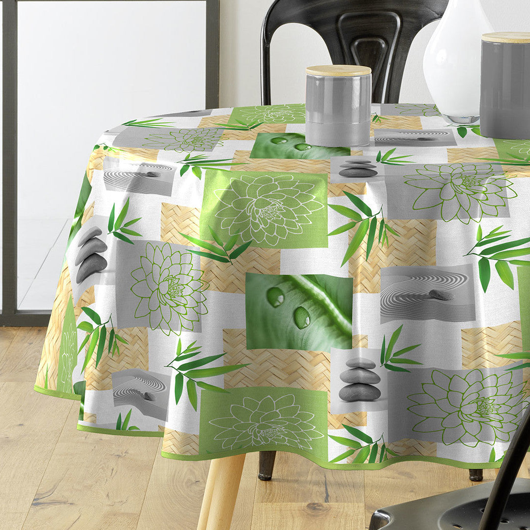 Almeria – Rund voksduk med grønne zen-motiver Ø 155 cm