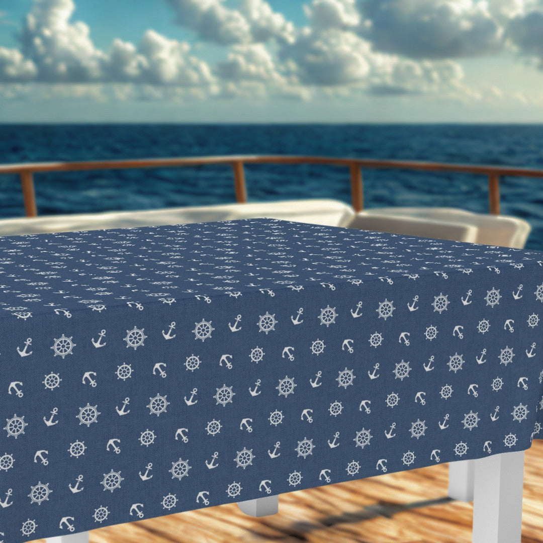 Ancora Maritim – Akrylduk i mørkeblå med anker og skipsrattmønster
