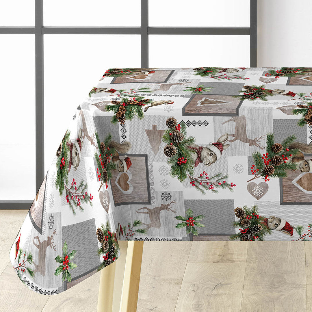 Ansel – Julevoksduk med reinsdyr og kanin i vinterlandskap hjørne