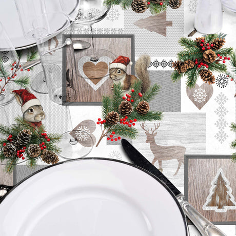 Ansel – Julevoksduk med reinsdyr og kanin i vinterlandskap nærbilde