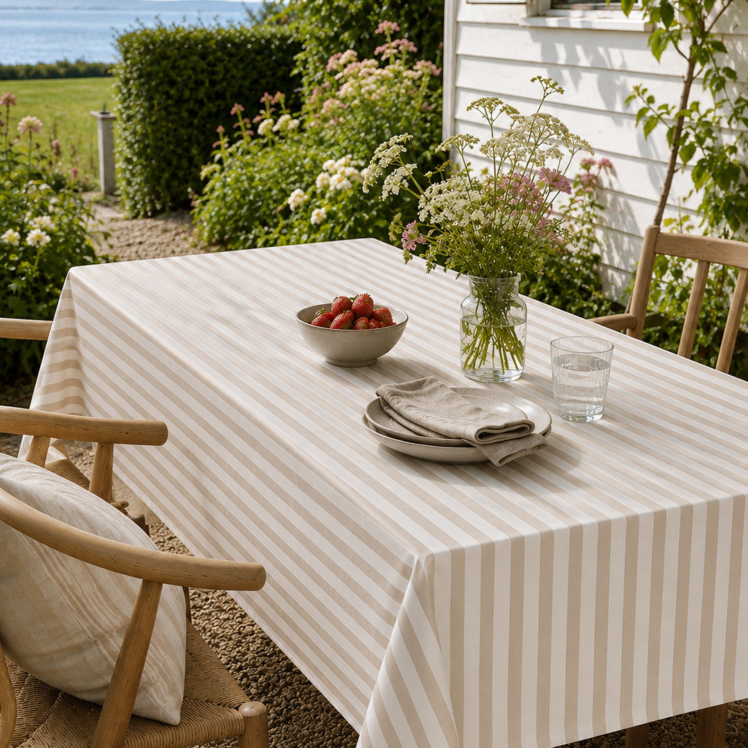 Aria Beige/offwhite - Voksduk med striper i hørlook