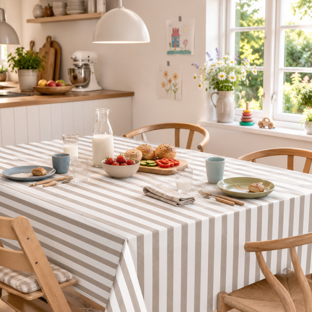 Aria Taupe/offwhite – Voksduk med striper i linlook