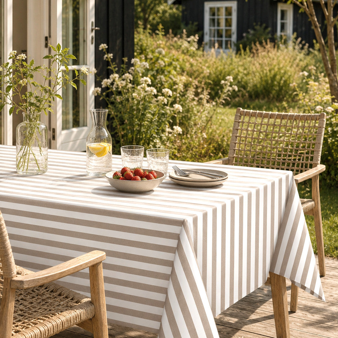 Aria Taupe/offwhite – Voksduk med striper i linlook