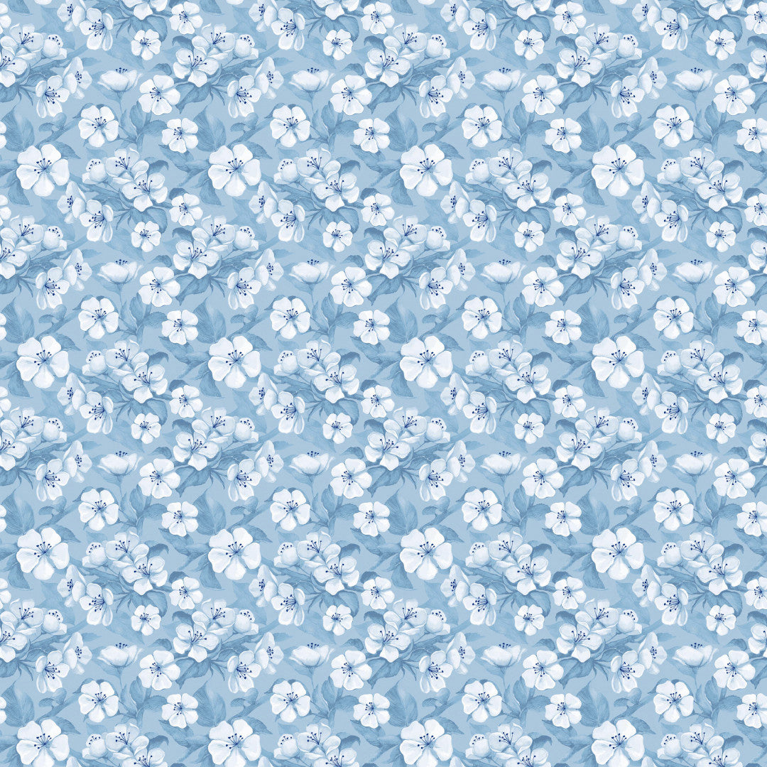 Blomsterflor Blå – Lett pregede voksduk med hvite blomster mønster