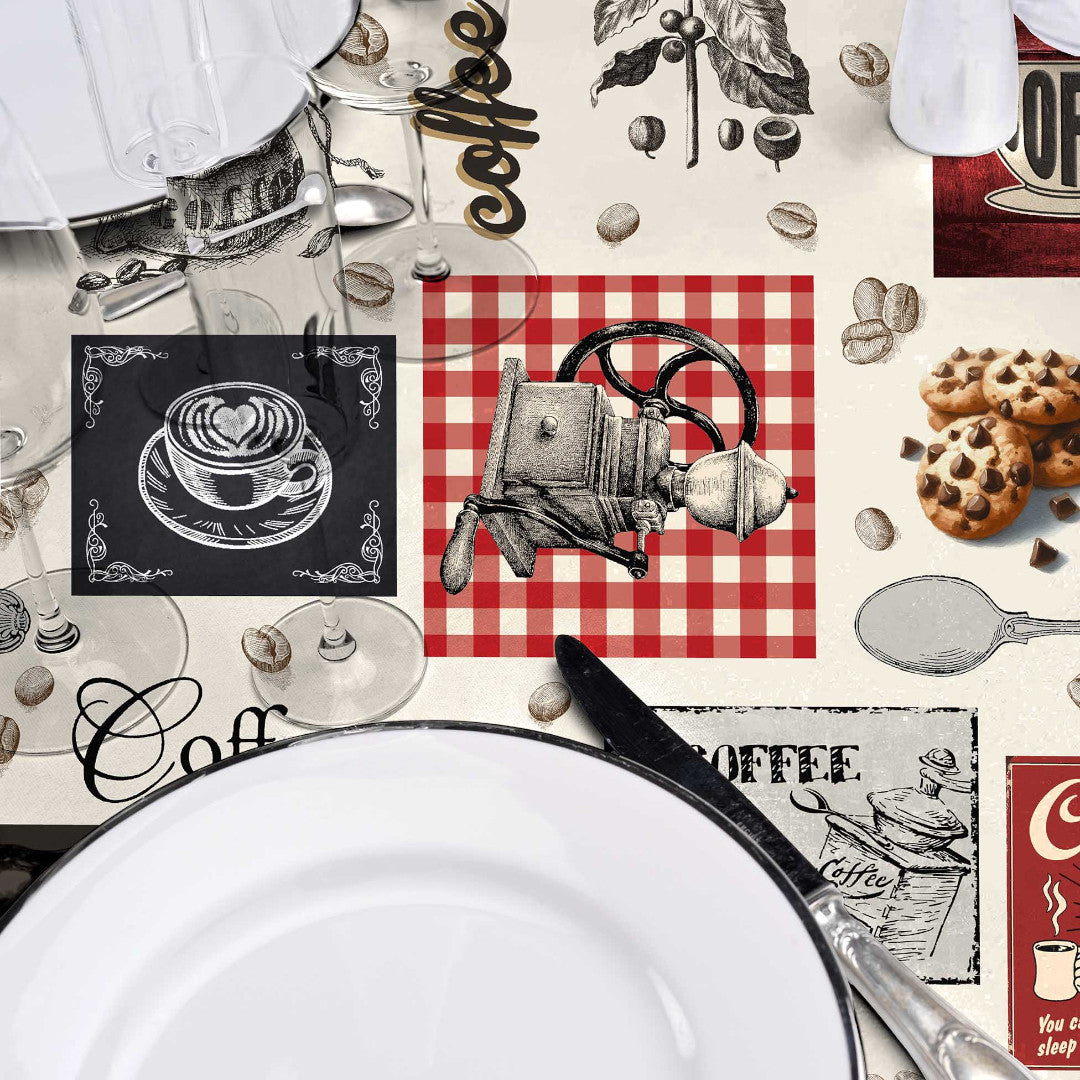 Café – Voksduk med kaffetema, perfekt for kafeer og kaffekos, nærbilde