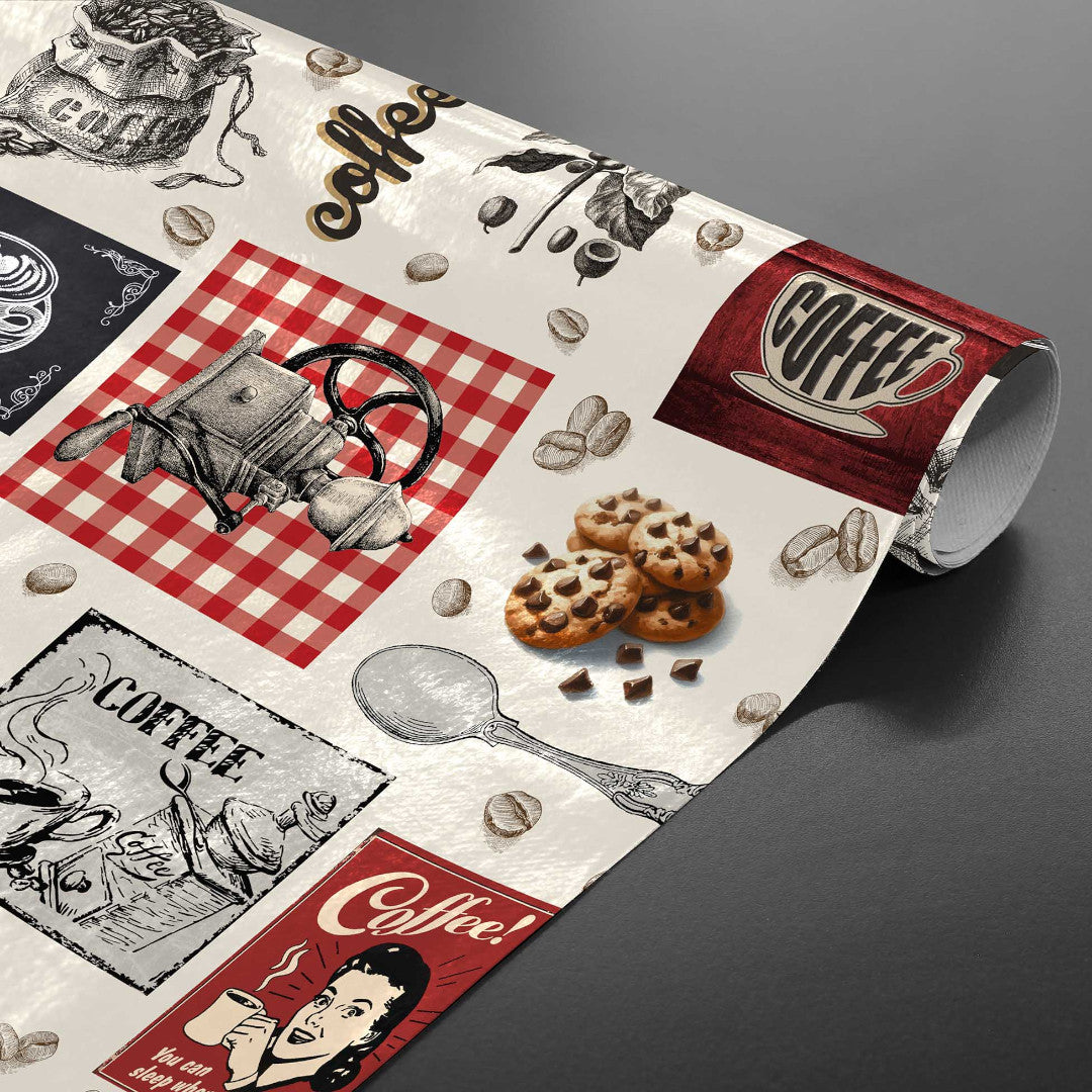 Café – Voksduk med kaffetema, perfekt for kafeer og kaffekos, rullet