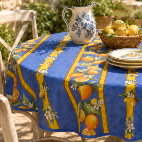 Citron Blå - Rund akrylbelagt provence-duk Ø 150 cm