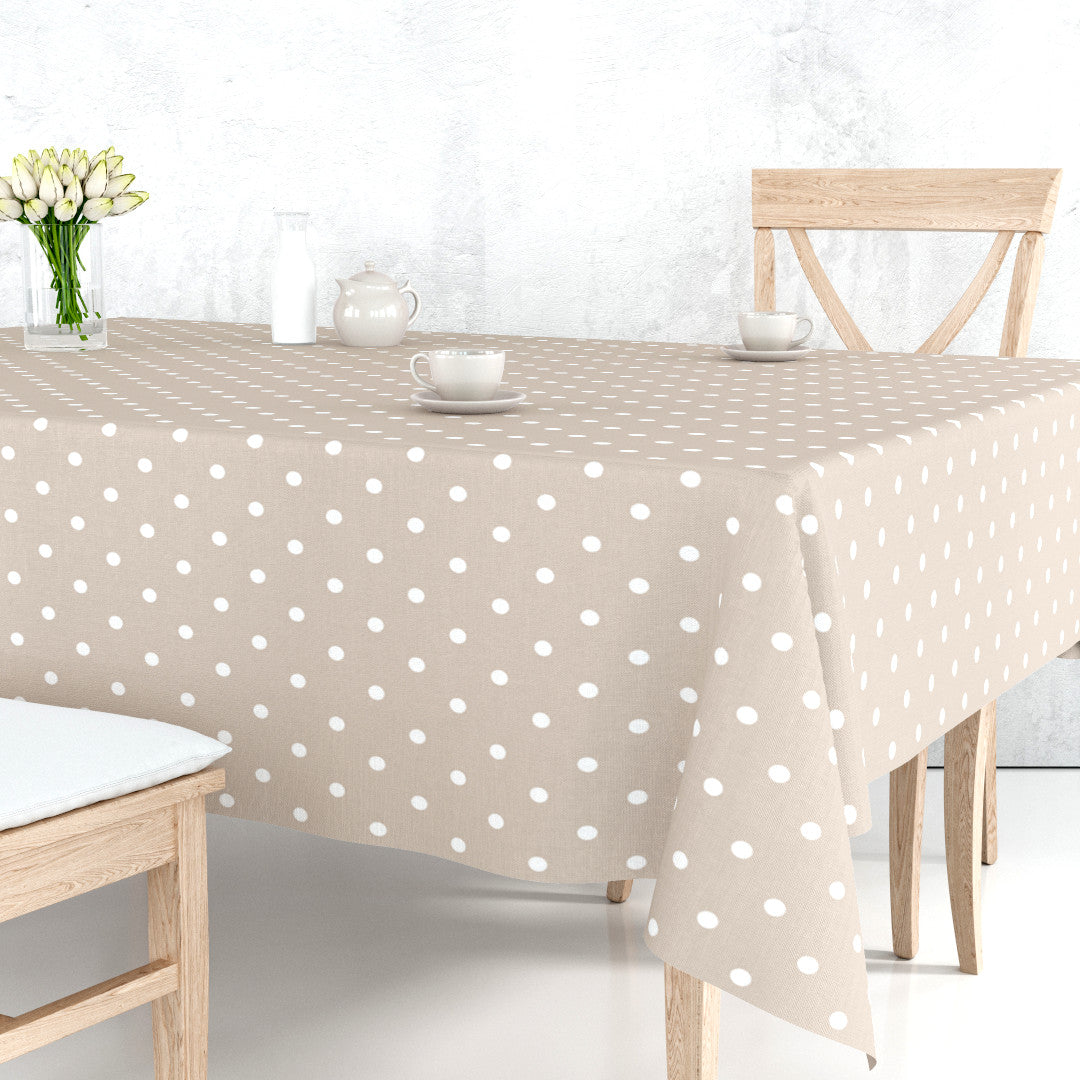 Classic Dot Beige – Voksduk med hvite prikker