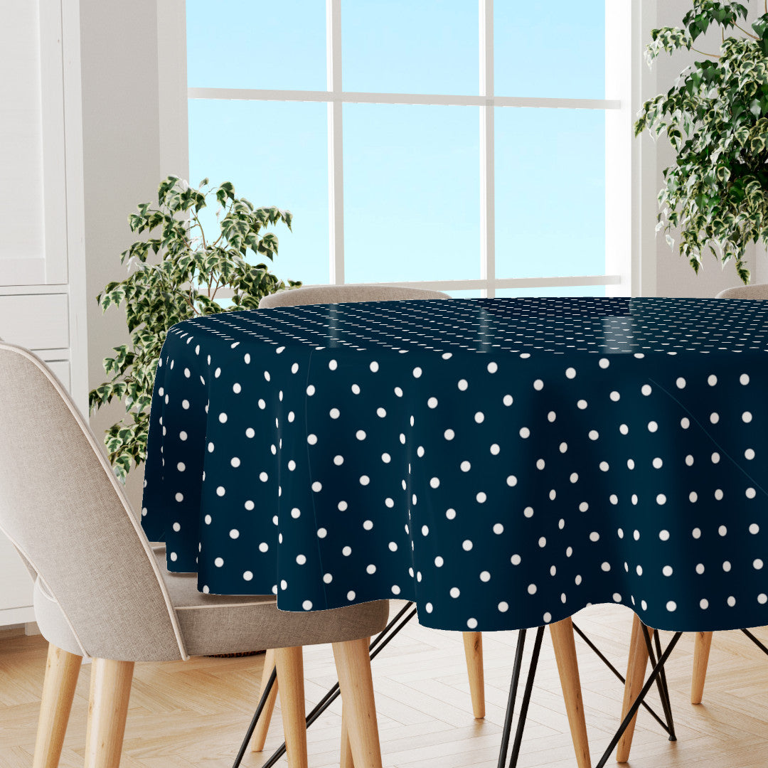 Classic Dot Blå – Rund voksduk med hvite prikker