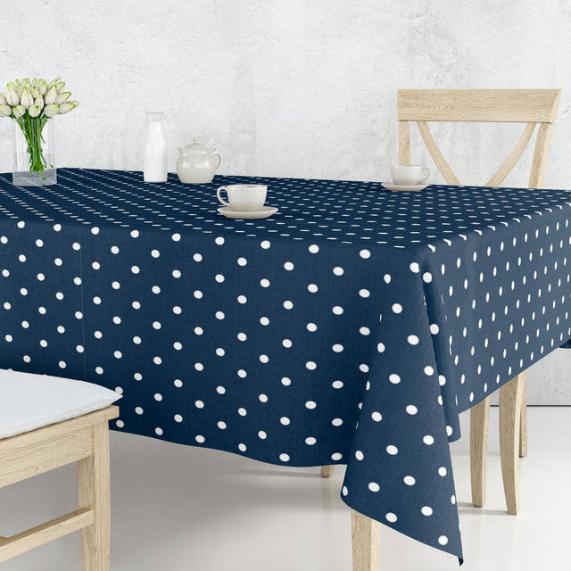 Classic Dot Blå – Voksduk med hvite prikker