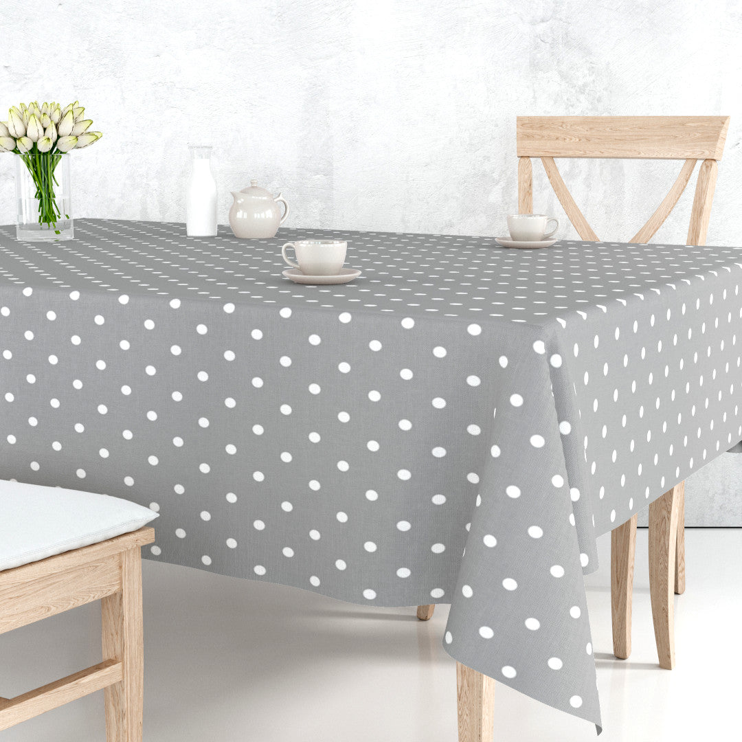 Classic Dot Grå – Voksduk med hvite prikker