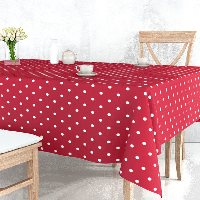 Classic Dot Rød – Voksduk med hvite prikker