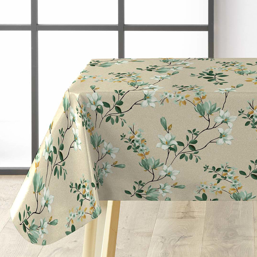 Clematite Vert – Blomstrende voksduk med melert bunn i varme toner, hjørne