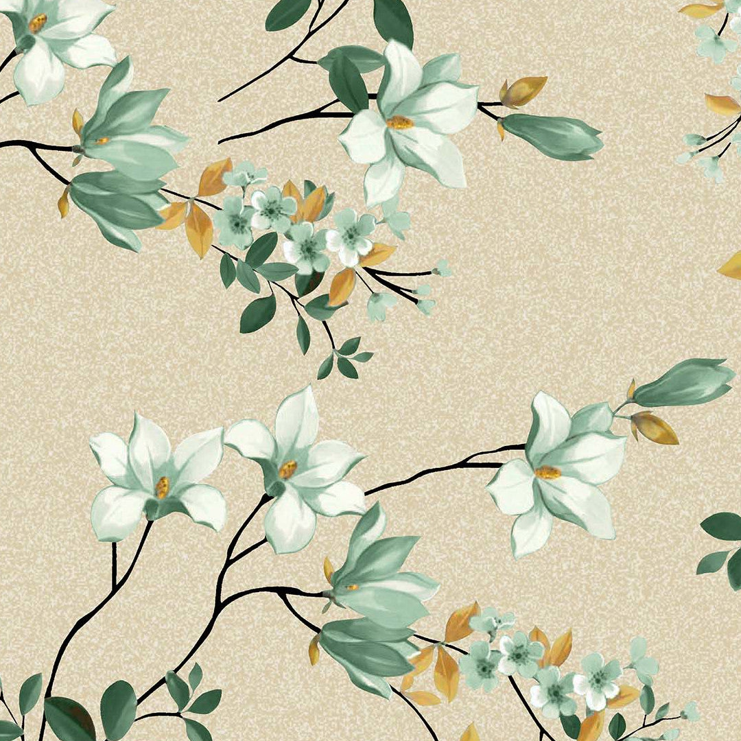 Clematite Vert – Blomstrende voksduk med melert bunn i varme toner, mønster