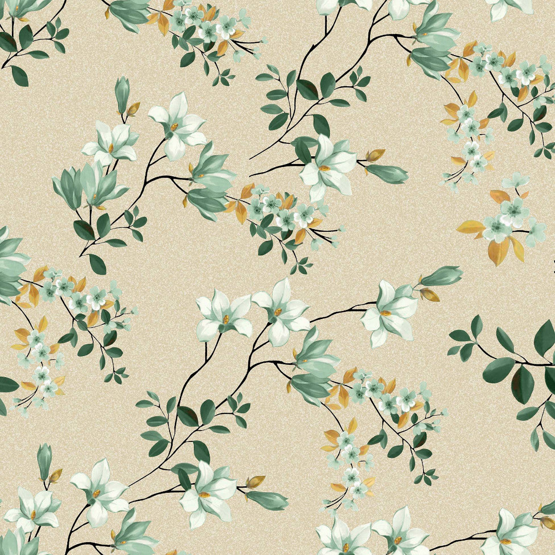 Clematite Vert – Blomstrende voksduk med melert bunn i varme toner, mønster 1