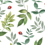 Coccinelle – Voksduk med grønne blader og marihøner i akvarellstil