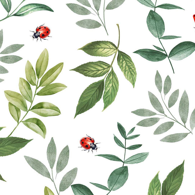 Coccinelle – Voksduk med grønne blader og marihøner i akvarellstil