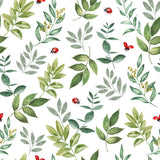 Coccinelle – Voksduk med grønne blader og marihøner i akvarellstil, mønster 2