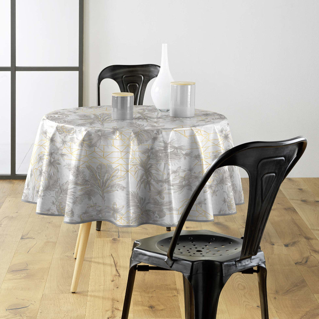 Coconut Metallic – Rund voksduk i grått med gulldetaljer Ø 155 cm miljø