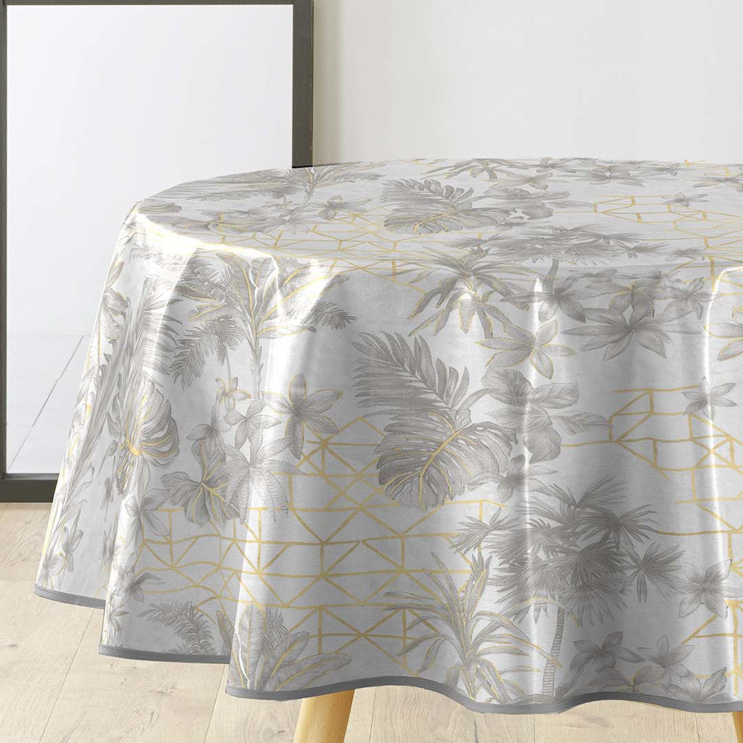 Coconut Metallic – Rund voksduk i grått med gulldetaljer Ø 155 cm